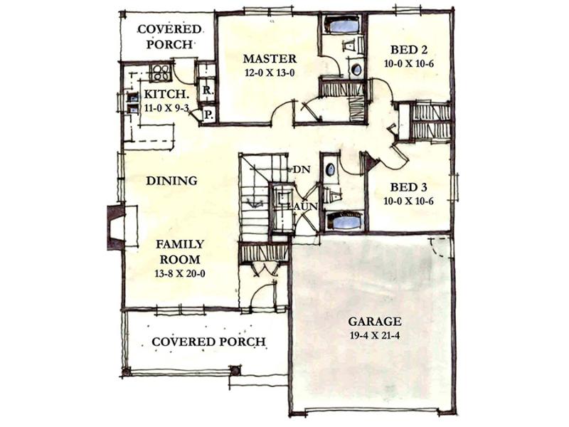 *Preliminary Marketing Floor Plan for The Gutenberg home, featuring a large covered porch, entryway with closet leading to the great room connecting the living, dining and kitchen areas. Out the back is another covered porch, and on the right of the home is the 2-car garage and the 3 bedrooms and 2 bathrooms. 